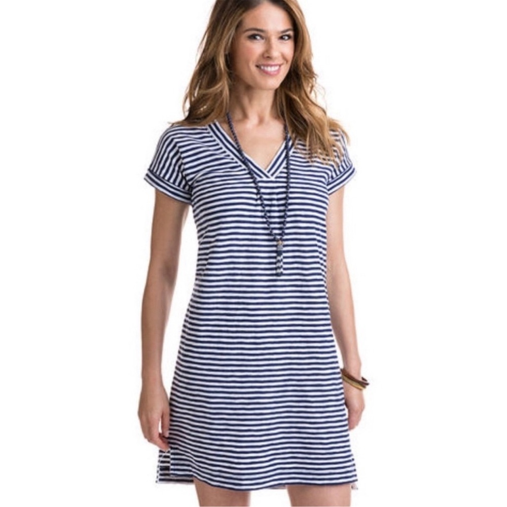 Vineyard Vines Stripe V-neck Tee Dress Blue Nautical 100% Cotton